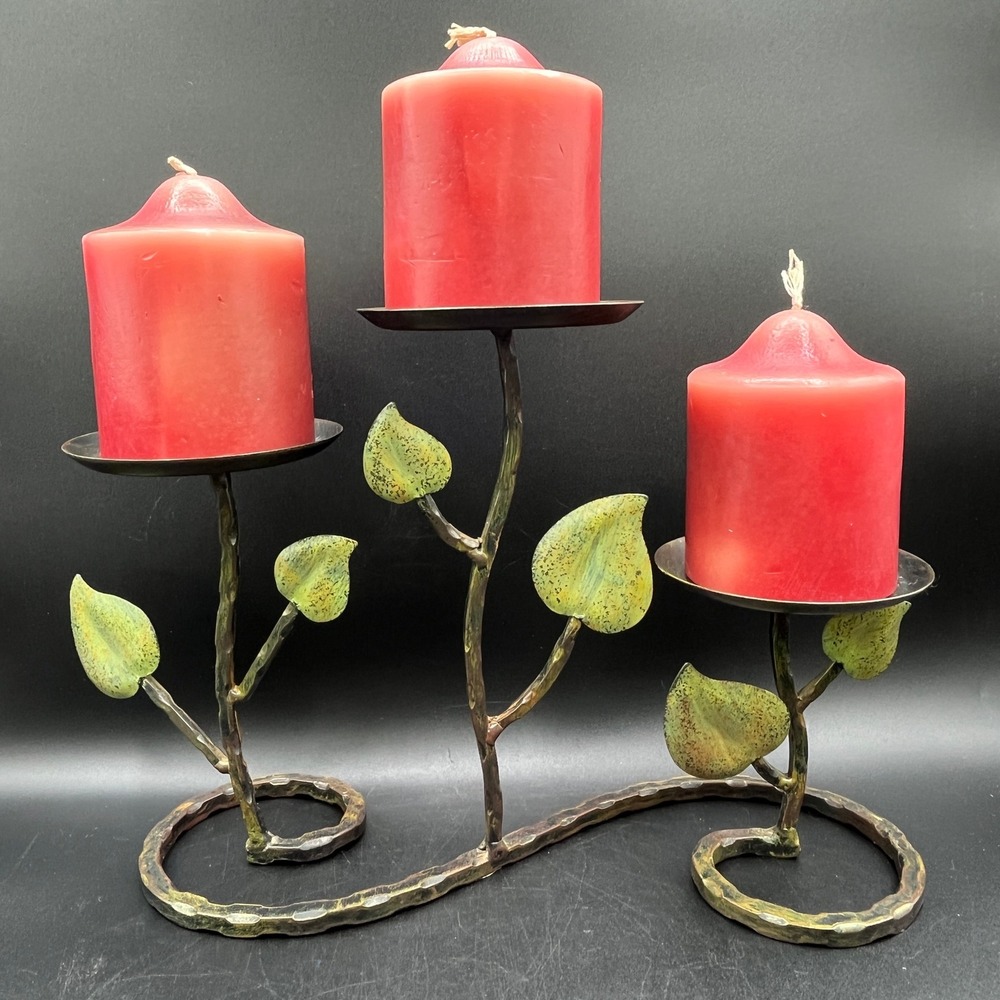 Wrought Iron Style 3 Tier Branch Leaf Candelabra Red Pillar Candles 12.5" x 13"